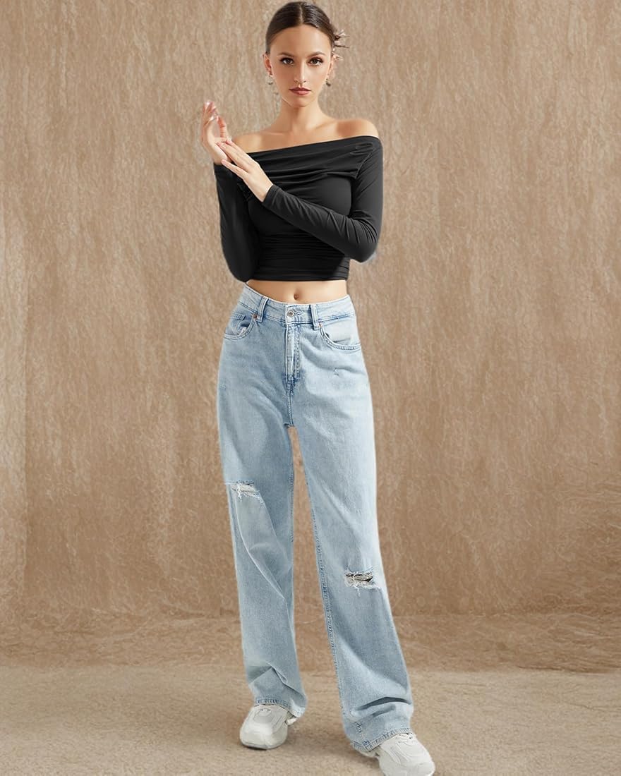 Buy SUUKSESS Women Off Shoulder Long Sleeve Shirts Double Lined